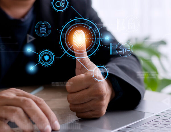 An image of a fingerprint surrounded by the digital icons, highlighting the need of a secure printing solution.