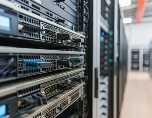 A close-up of a server rack in a data center environment, that could be hosting print server software for cloud-based print solutions.